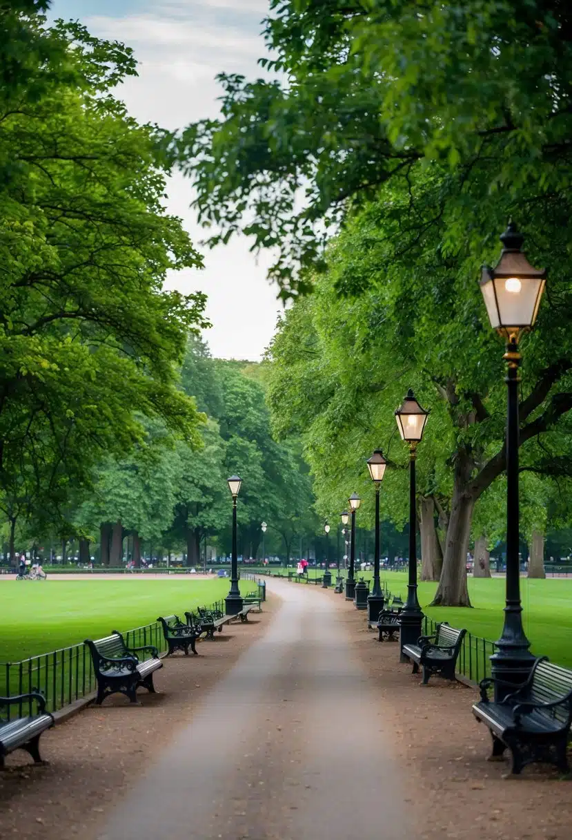 A serene path winds through Hyde Park, flanked by lush greenery and dotted with benches and charming lampposts
