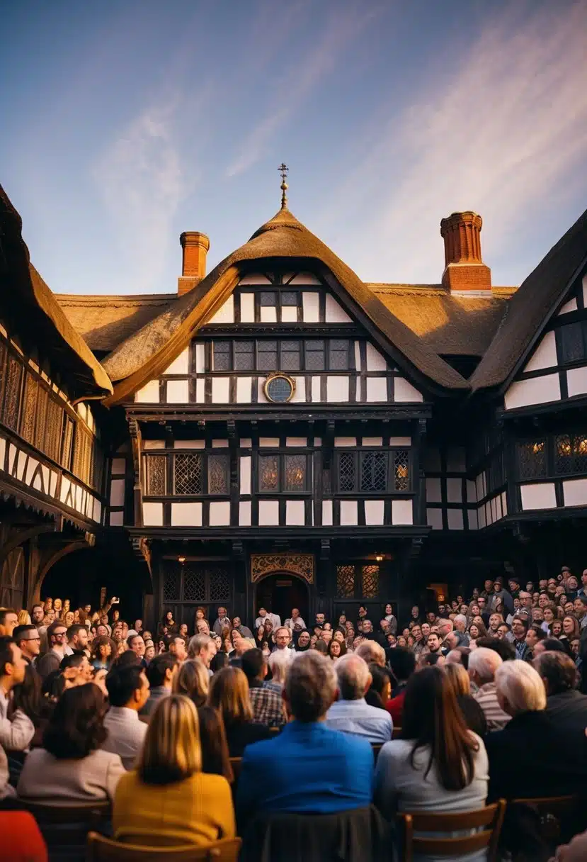 The iconic Shakespeare's Globe theatre, with its wooden structure and thatched roof, is filled with an enthusiastic audience watching a lively play