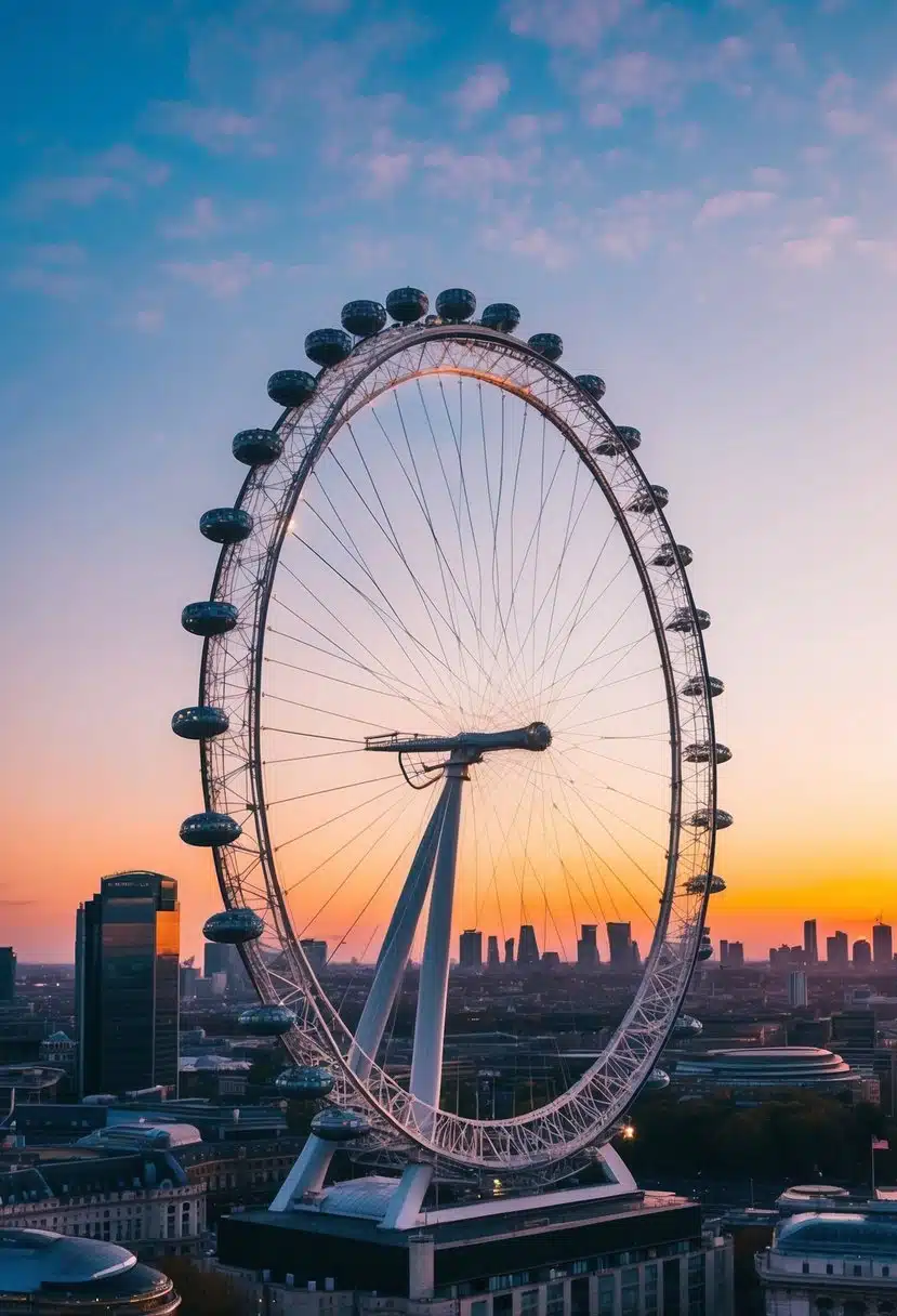 A bird's eye view of the London Eye rotating against the city skyline at sunset
