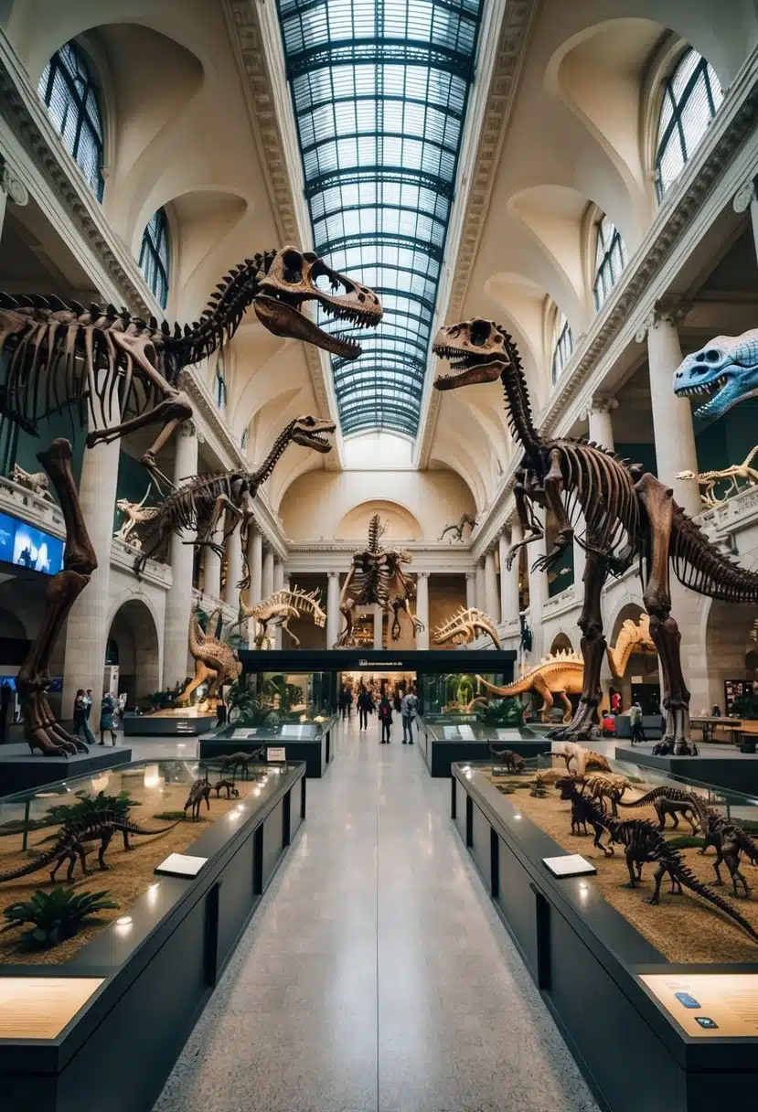 The grand entrance hall of the Natural History Museum, filled with towering dinosaur skeletons, intricate dioramas, and interactive exhibits