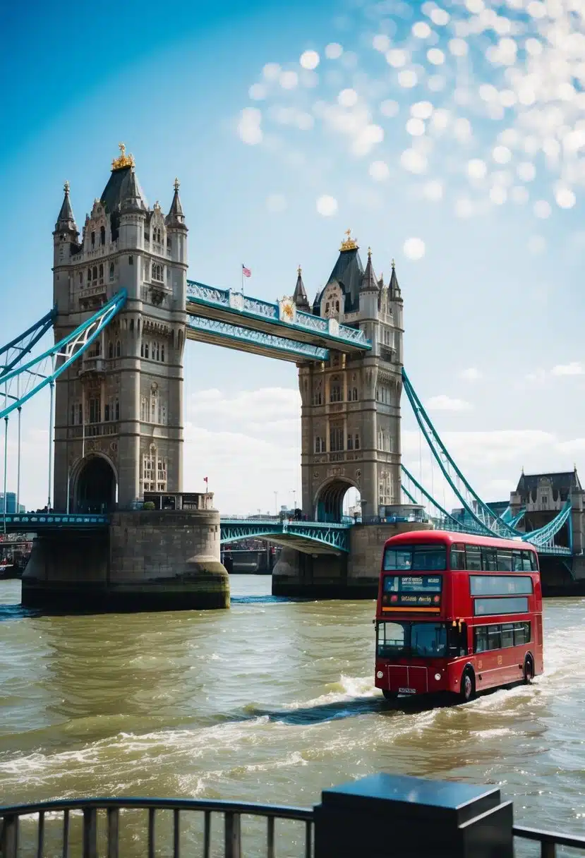 A sunny day over Tower Bridge, with red double-decker buses crossing and the River Thames flowing underneath