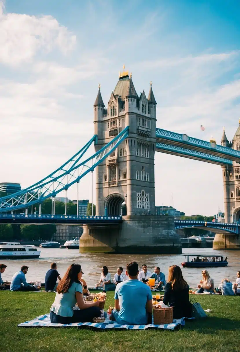 People enjoying a picnic in front of the iconic Tower Bridge, with a view of the River Thames and passing boats