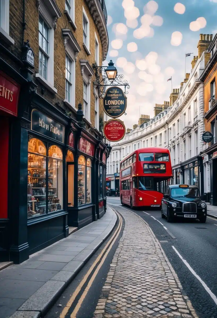 A magical street in London with old-fashioned storefronts, cobblestone sidewalks, and whimsical signs. A red double-decker bus and a black taxi pass by