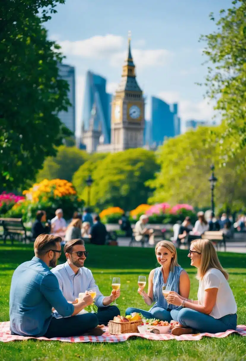 People enjoying a picnic in a lush park with iconic London landmarks in the background. The sun is shining, and there are colorful flowers in bloom