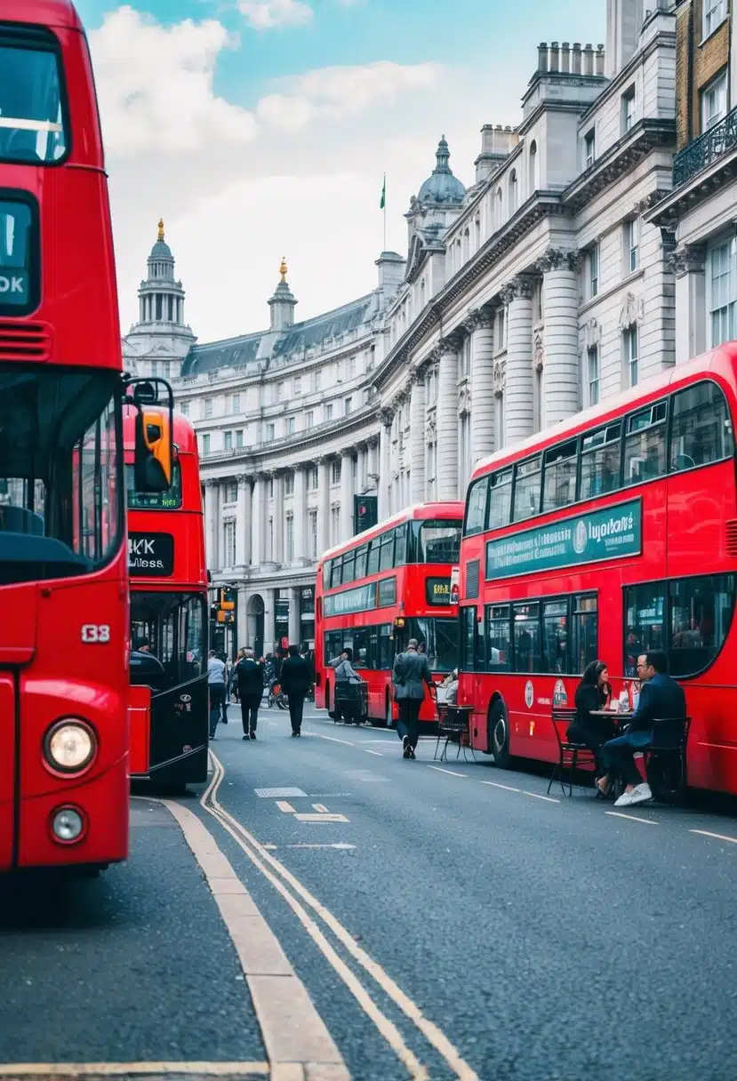A bustling London street with iconic red double-decker buses, historic architecture, and people enjoying outdoor cafes and shops