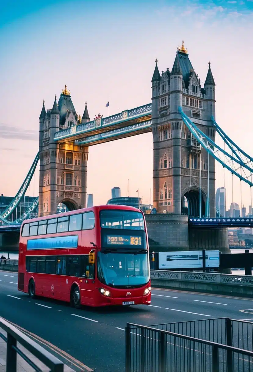 A red double-decker bus driving over the iconic Tower Bridge with the London skyline in the background