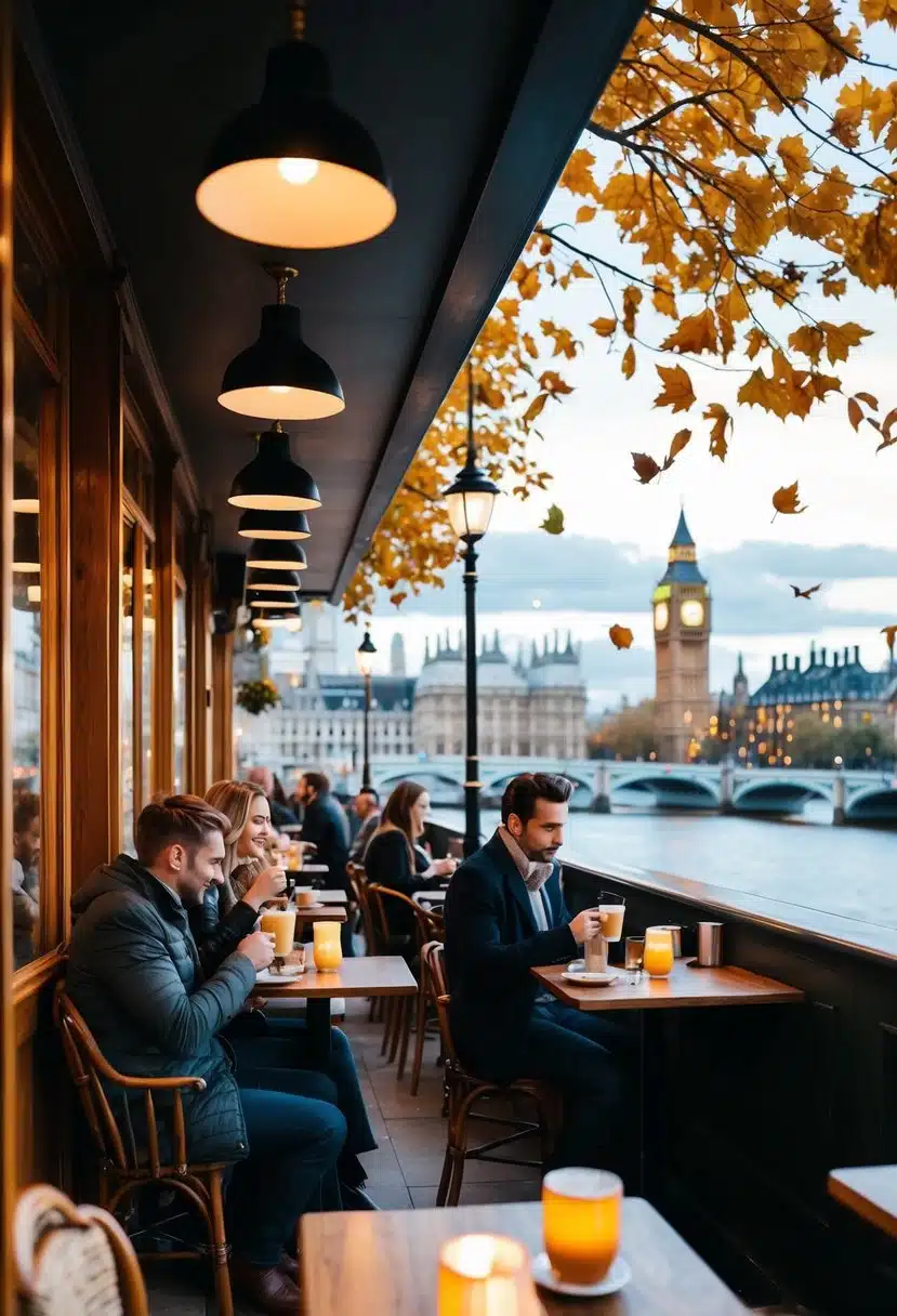 A cozy cafe in London with people sipping hot drinks, autumn leaves falling outside, and a view of iconic landmarks in the distance