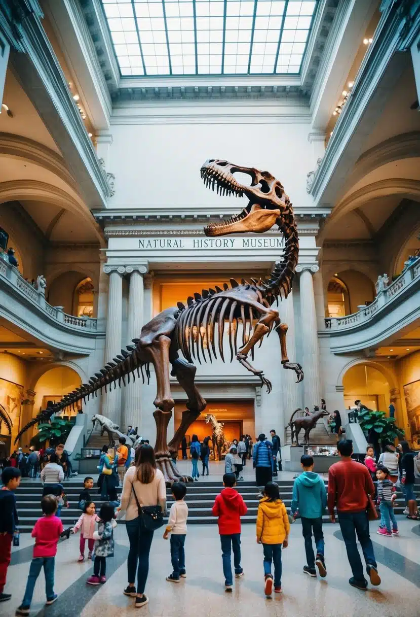 The grand entrance to the Natural History Museum, with a large dinosaur skeleton on display, surrounded by families and children exploring