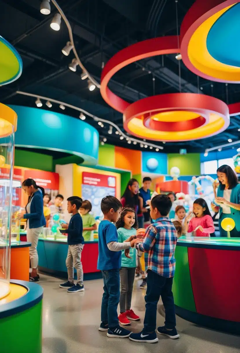 A bustling science museum filled with interactive exhibits and colorful displays, with families and children exploring and learning together