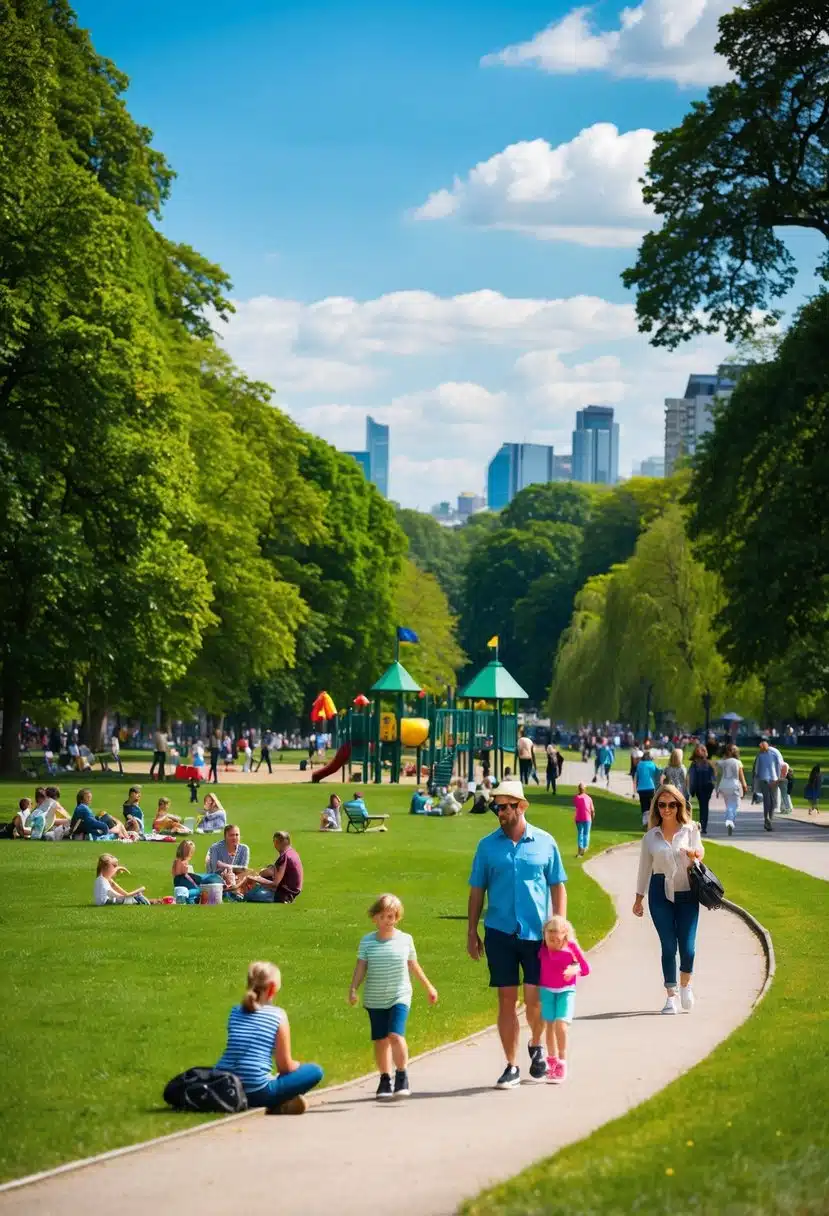 A sunny day in Hyde Park, with families picnicking, children playing on the playground, and people strolling along the Serpentine