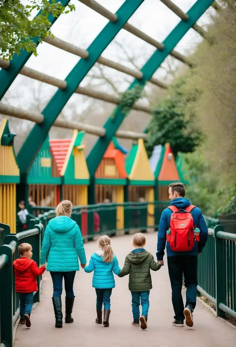 Families stroll past colorful animal enclosures at London Zoo