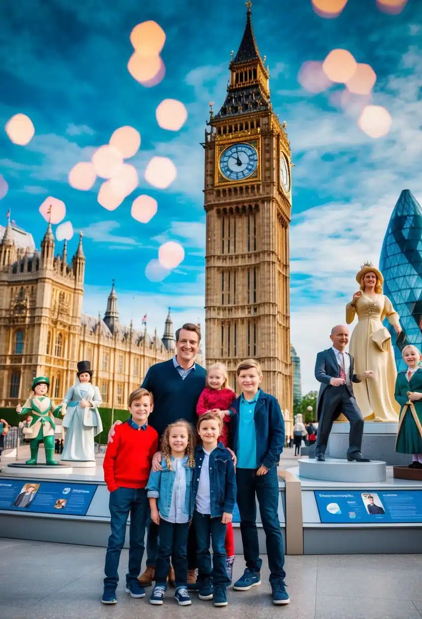 Families explore iconic London landmarks at Madame Tussauds, with kids enjoying interactive exhibits and posing with lifelike wax figures