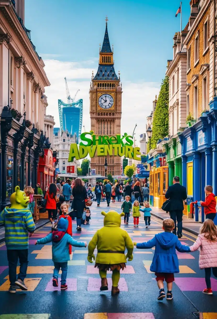 A colorful, bustling London street with iconic landmarks in the background, families and children enjoying various activities and attractions at Shrek's Adventure