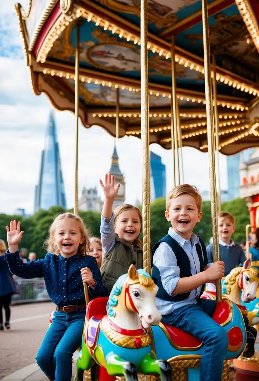 Families enjoying a carousel ride in a bustling London park, with iconic landmarks in the background and children laughing and waving