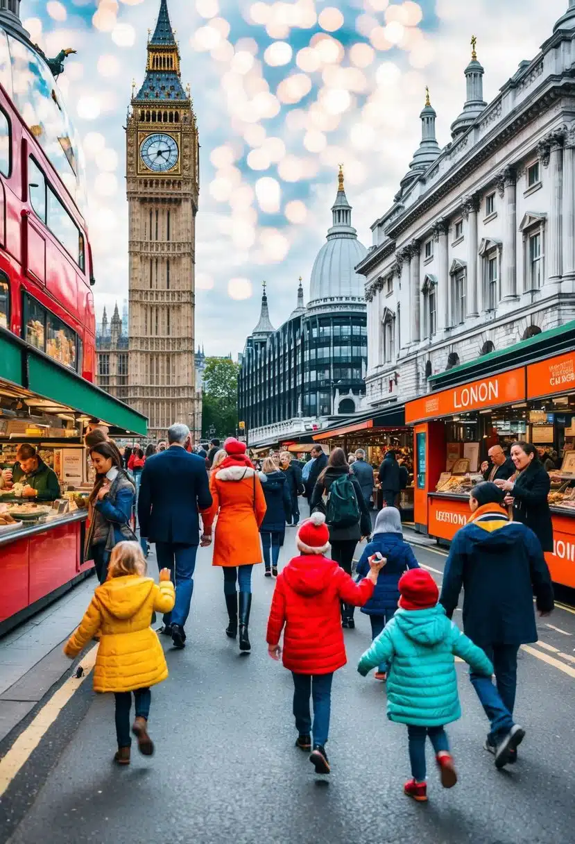 Families exploring London's iconic landmarks, enjoying interactive museum exhibits, and tasting diverse cuisines in bustling markets