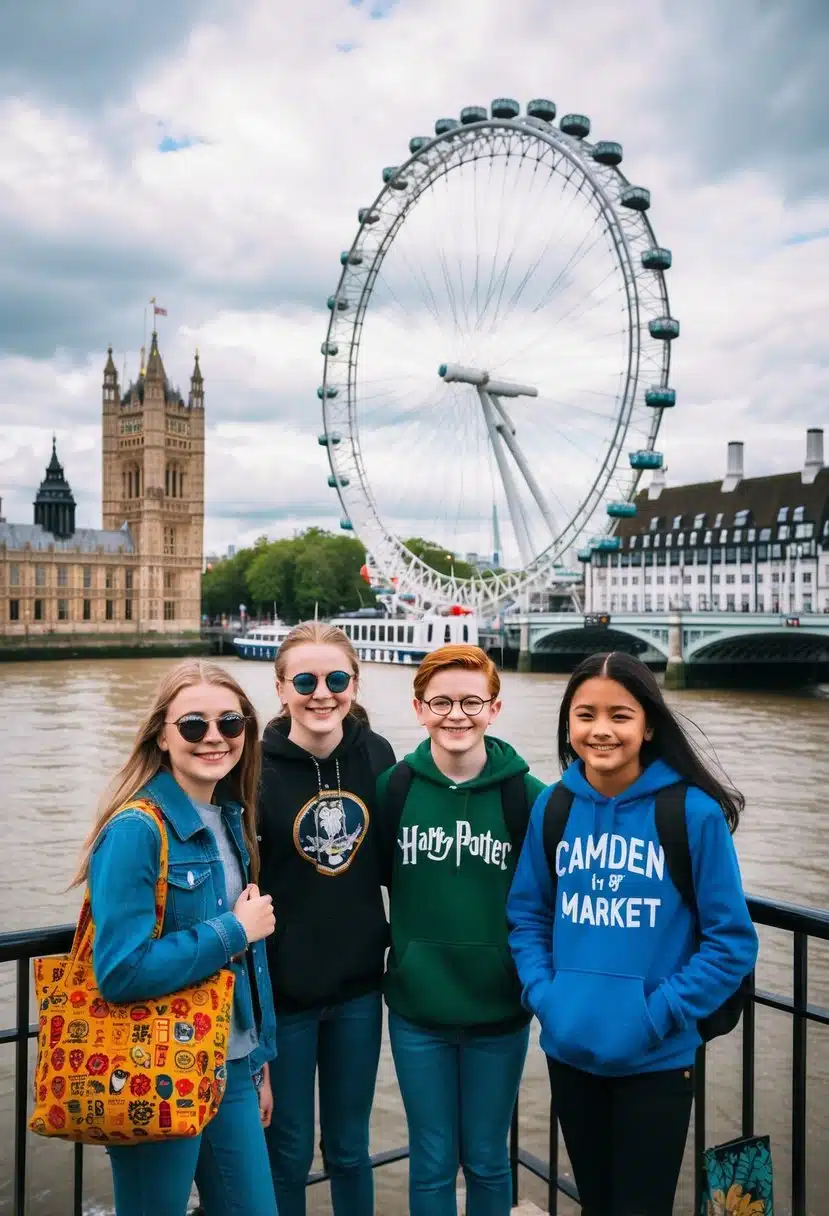 Teens exploring London landmarks, riding the London Eye, visiting the Harry Potter Studio, shopping at Camden Market, and taking a street art tour