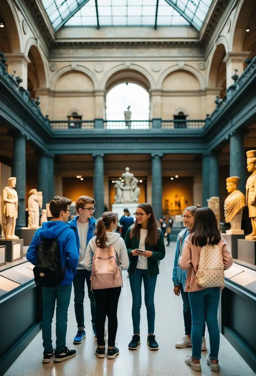 A group of teens explore the British Museum, admiring ancient artifacts and sculptures. The grand architecture and intricate displays captivate their attention