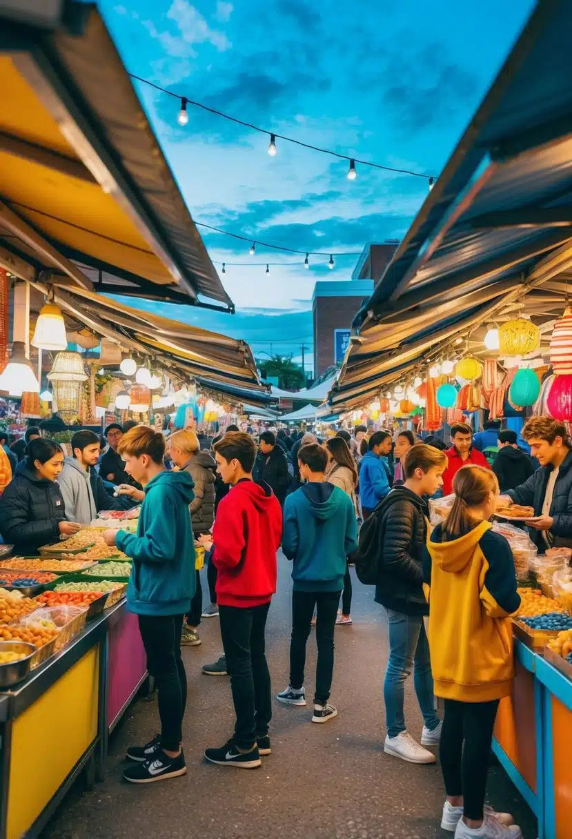 Colorful stalls line the bustling market, offering an array of unique goods. The aroma of street food fills the air as teens browse and chat with vendors