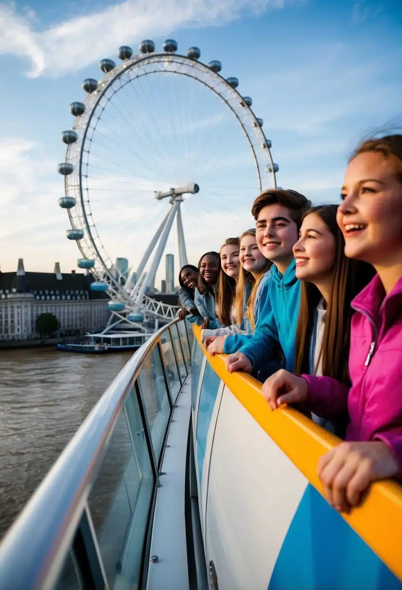A group of teens excitedly board the London Eye, gazing out at the city's skyline as the giant observation wheel slowly ascends into the sky