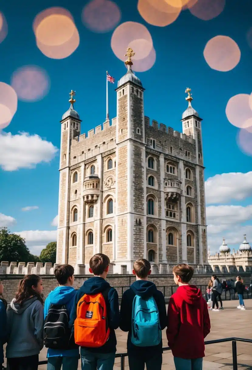 A group of teens explore the Tower of London, marveling at the historic architecture and learning about the city's rich history