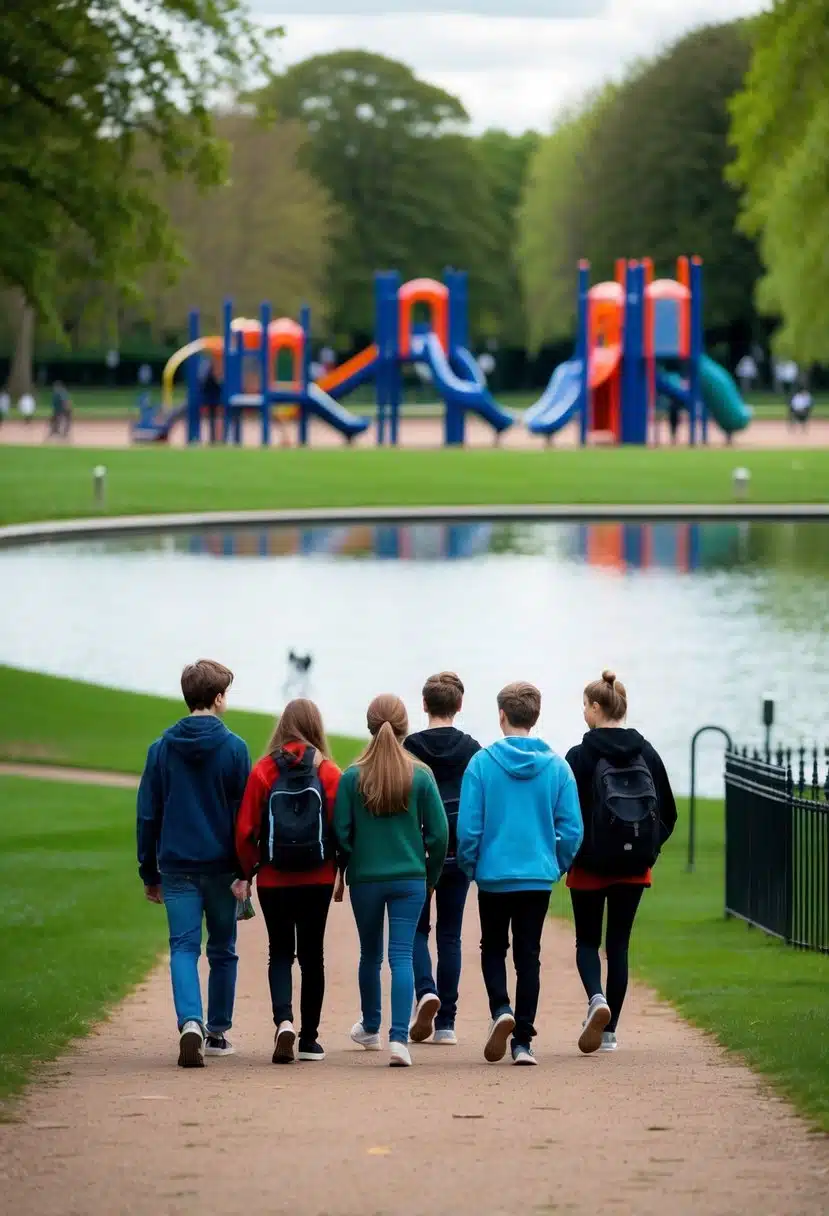 A group of teens strolling through Hyde Park, passing by the Serpentine Lake, playgrounds, and outdoor art installations