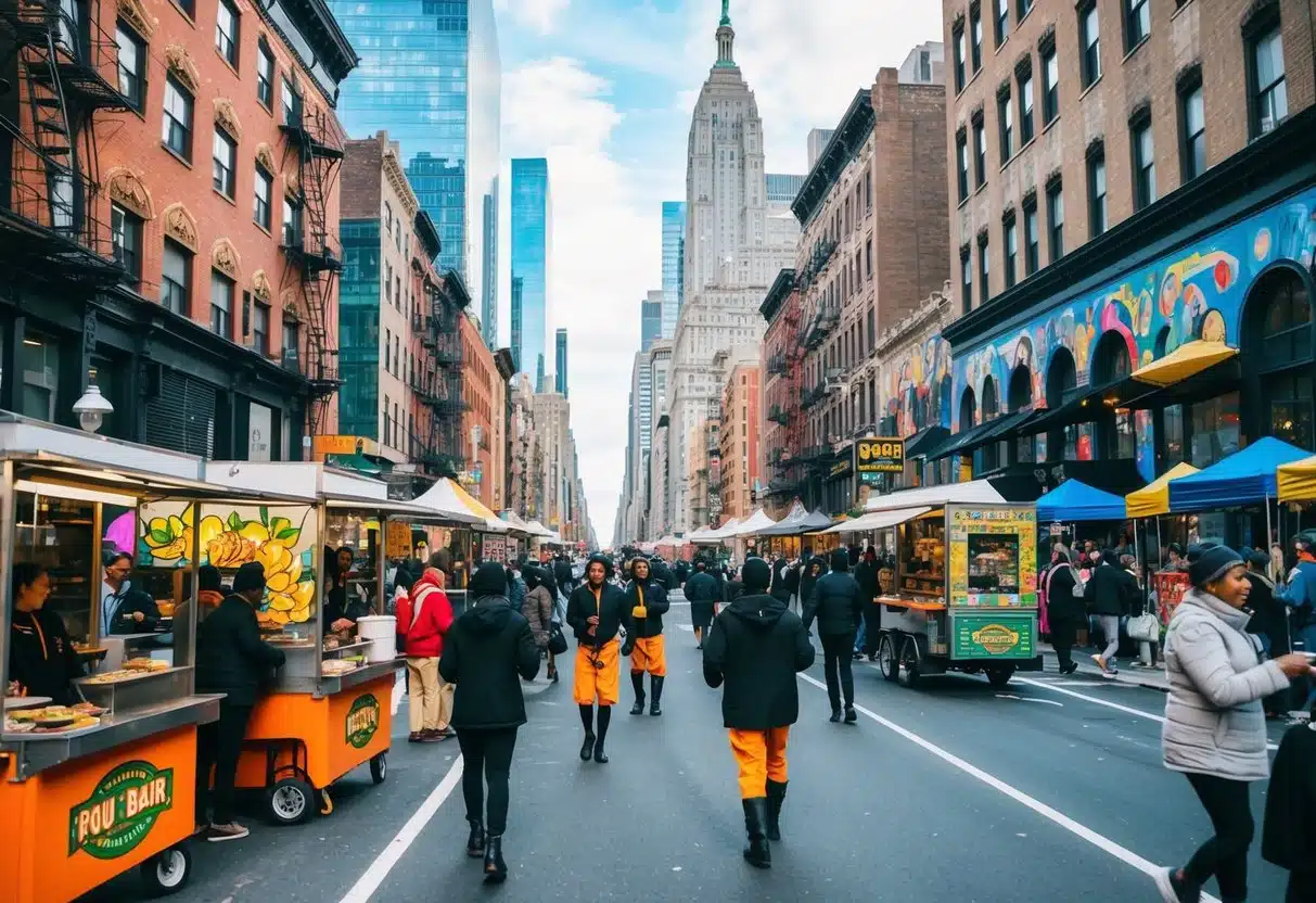 A bustling street in NYC, lined with food carts, street performers, and colorful murals adorning the buildings. Skyscrapers tower in the background, while pedestrians weave through the lively scene