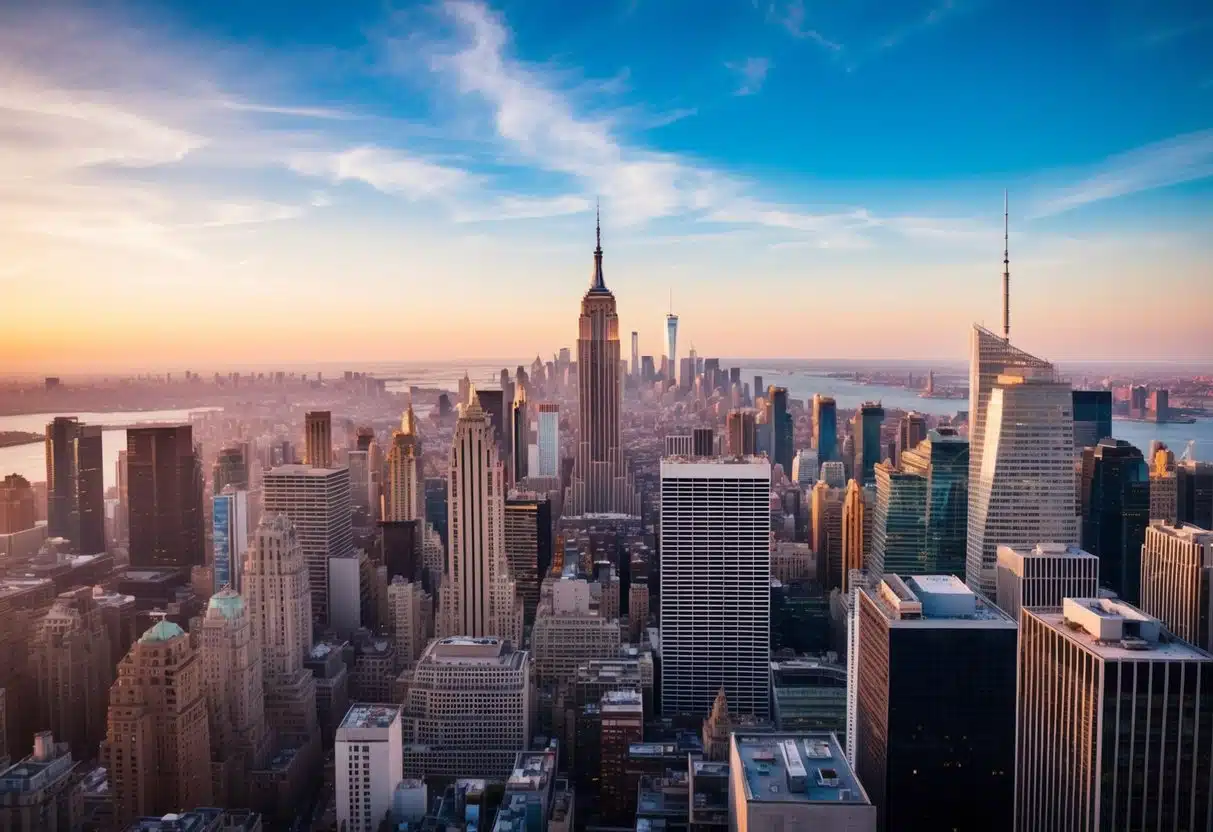 Aerial view of Manhattan skyline with iconic landmarks and bustling streets below