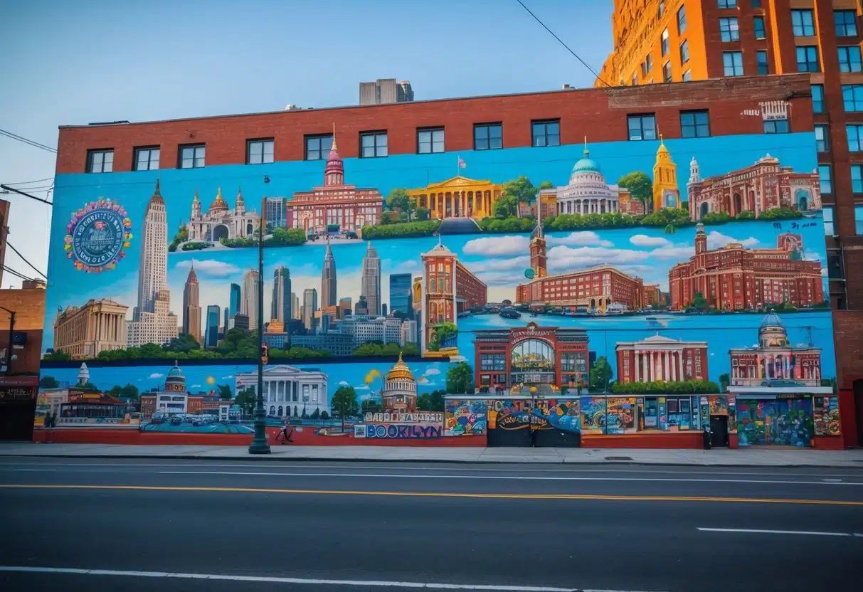 A vibrant street art mural covers the entire side of a building in Brooklyn, depicting iconic landmarks and cultural symbols of the city