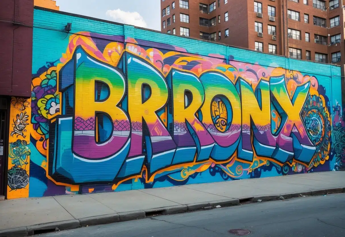 A colorful graffiti mural covering the walls of an outdoor art gallery in the Bronx, with vibrant designs and intricate details