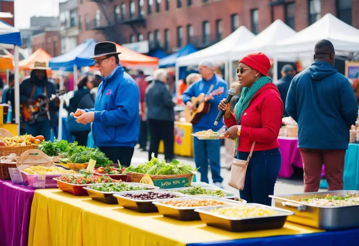 A colorful street fair in Queens with food stalls, live music, and unique handcrafted items for sale