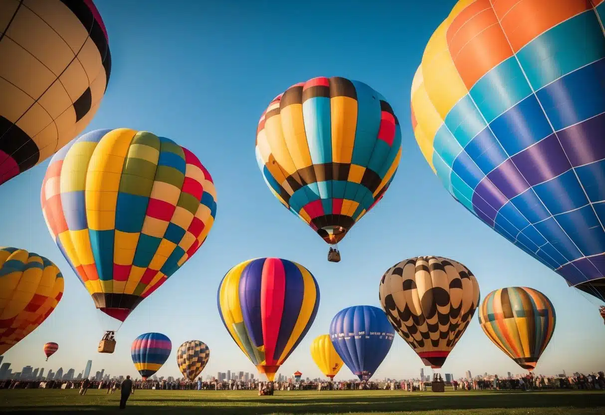 A colorful hot air balloon festival fills the sky near NYC, with various unique designs and patterns adorning the balloons