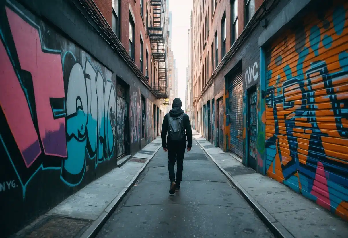 A lone figure explores a hidden alleyway in NYC, surrounded by vibrant street art and colorful graffiti. Tall buildings loom overhead, casting shadows on the narrow path