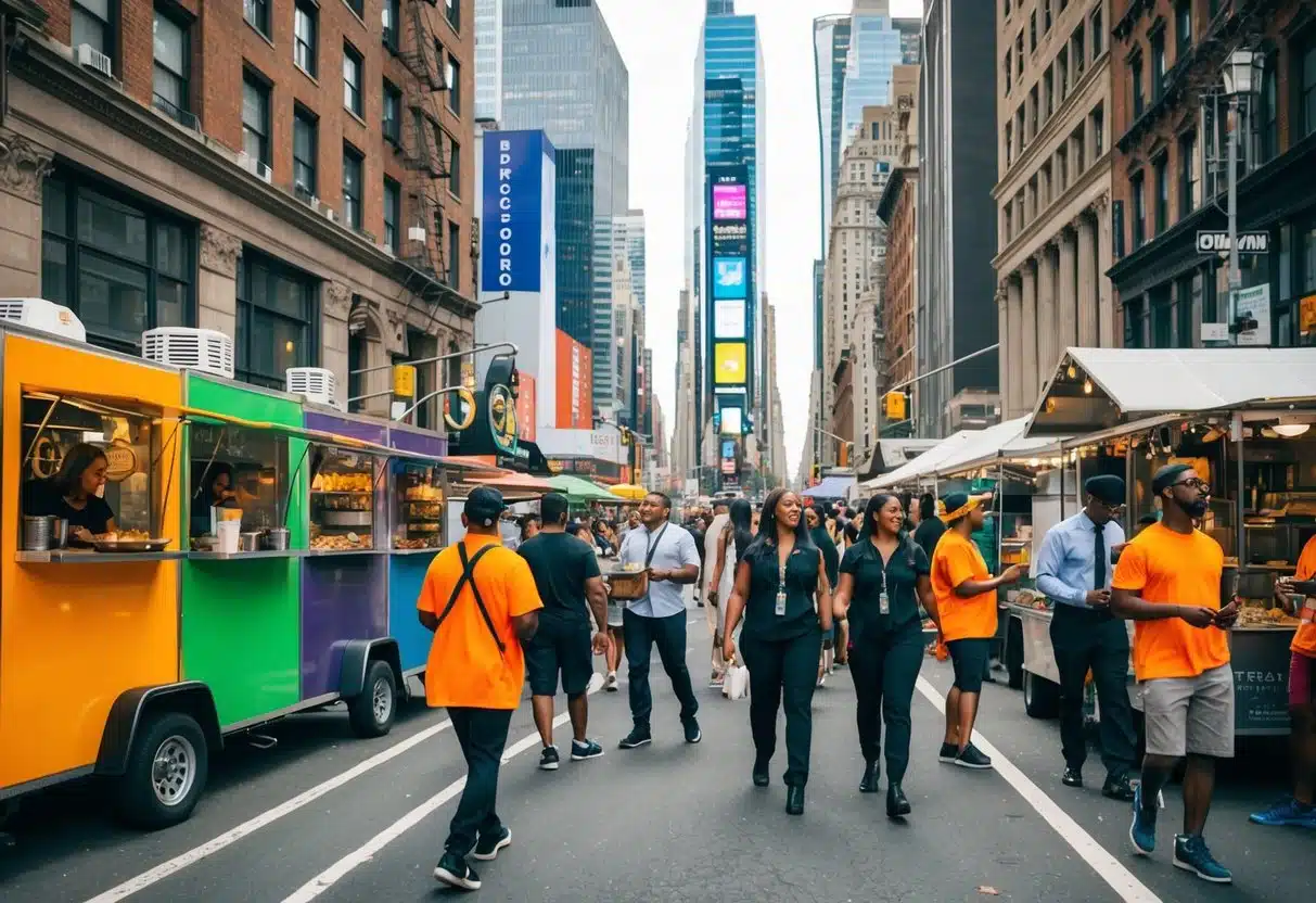 A bustling street in NYC with colorful food carts, street performers, and people exploring unique activities