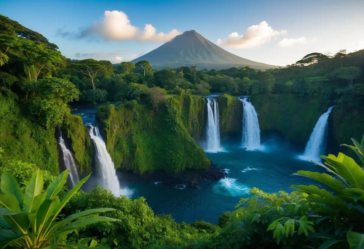 Lush rainforest with Arenal Volcano in the background, hot springs, and waterfalls in La Fortuna, Costa Rica
