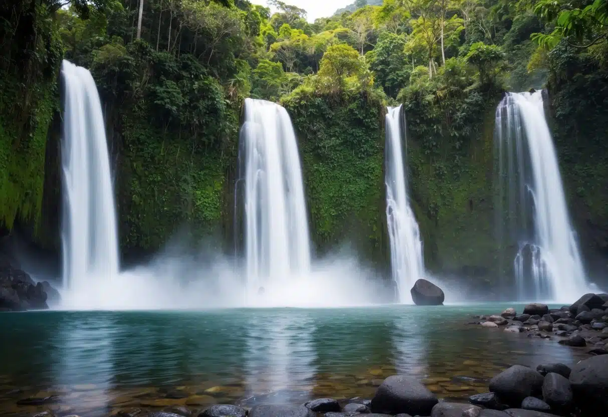 Lush rainforest with towering waterfalls and hot springs in La Fortuna, Costa Rica