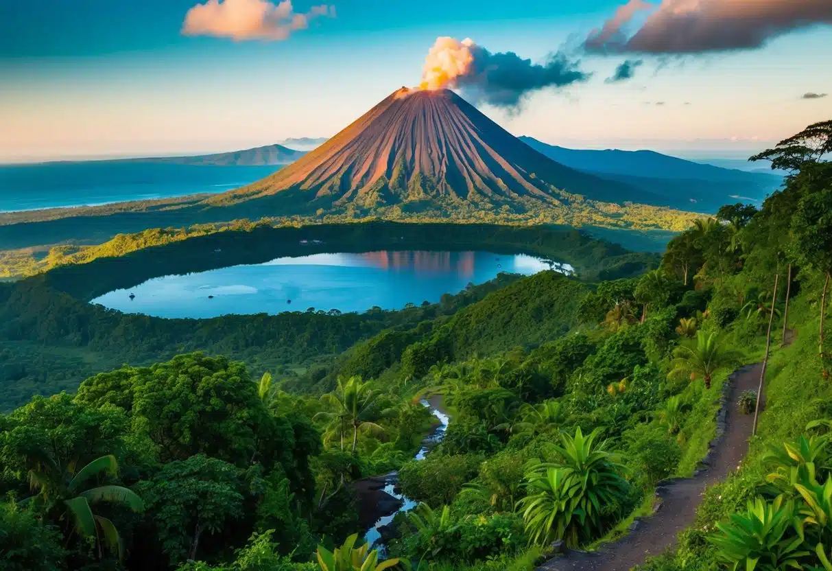 Arenal Volcano towering over lush rainforest, with hot springs and hiking trails below