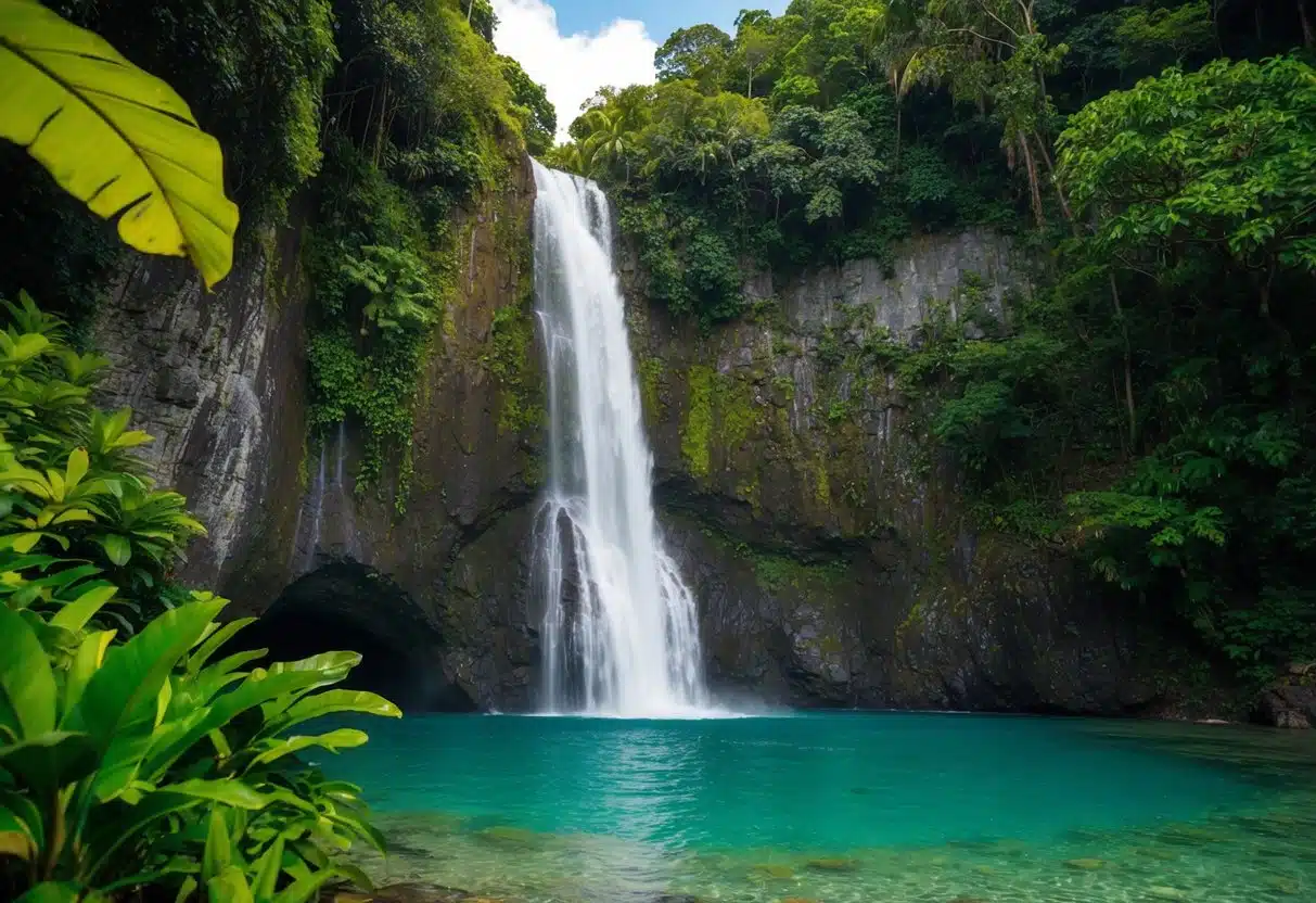 A lush jungle surrounds La Fortuna Waterfall, cascading down a rocky cliff into a crystal-clear pool below