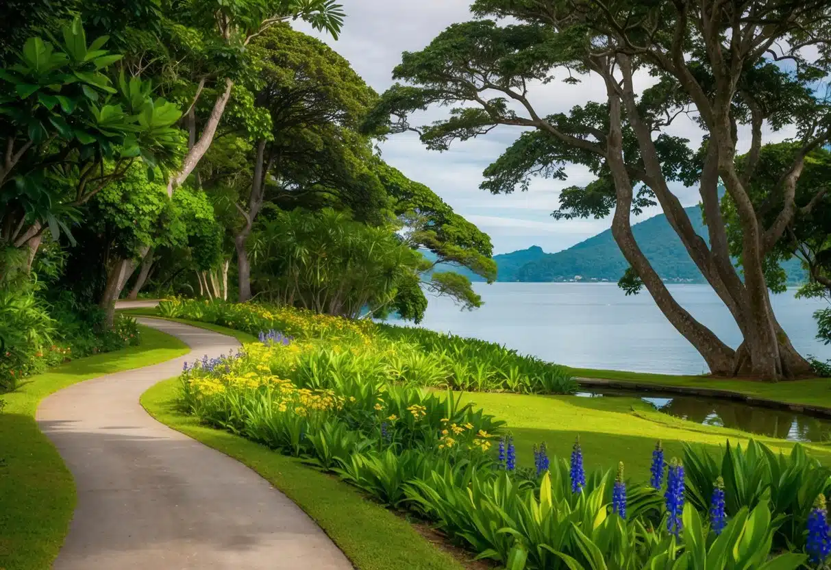 A winding path through lush greenery, with vibrant flowers and towering trees, leads to a serene lake in Parque de la Fortuna, Costa Rica