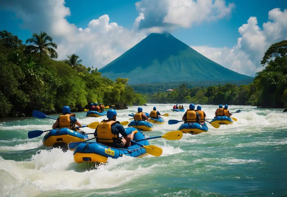 A group of rafts navigates through the rushing white water of a river, surrounded by lush green jungle and the towering Arenal Volcano in the distance