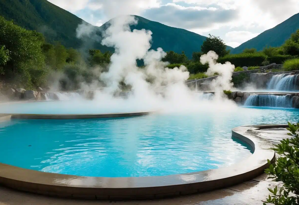 Steam rises from the natural hot springs nestled in lush greenery, surrounded by mountains. A tranquil atmosphere with relaxing pools and cascading waterfalls