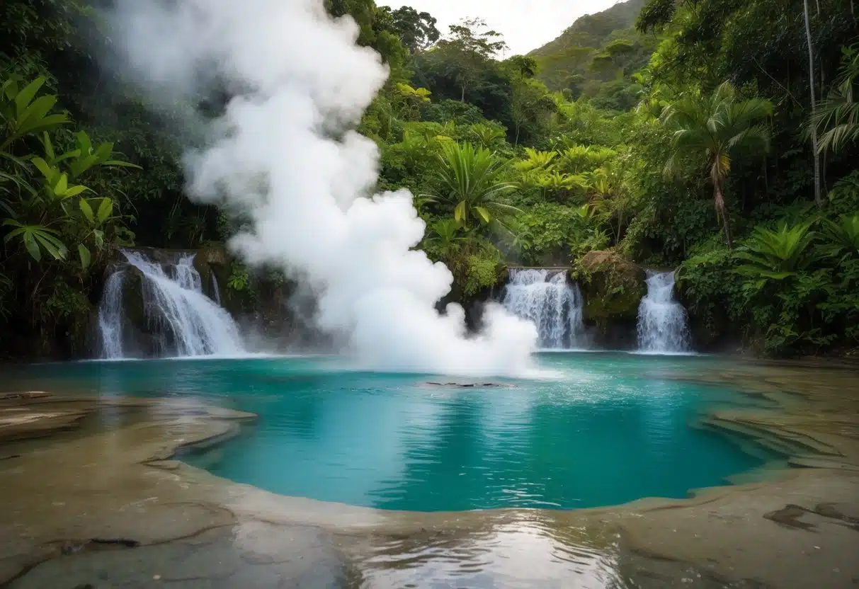 Steam rises from a serene natural hot spring nestled in the lush Costa Rican jungle, surrounded by vibrant greenery and cascading waterfalls