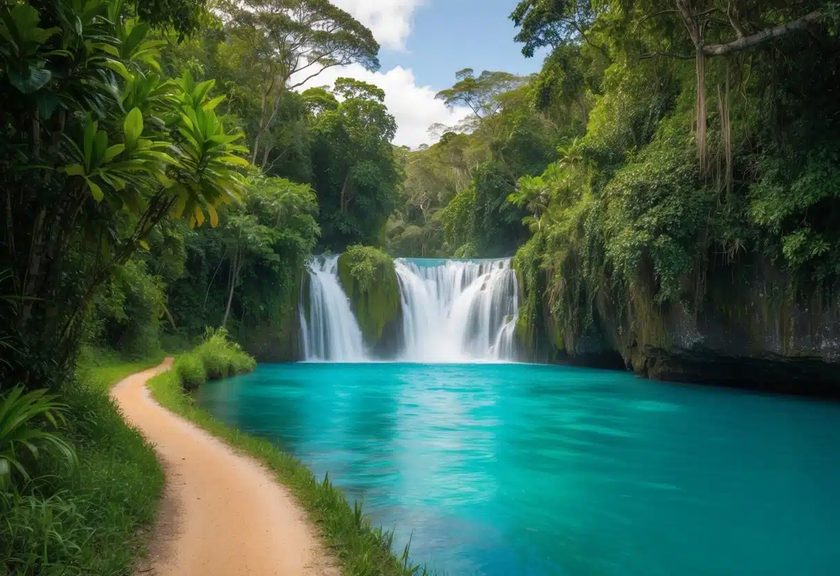 A lush jungle trail leads to the brilliant turquoise waters of Rio Celeste, framed by towering trees and cascading waterfalls