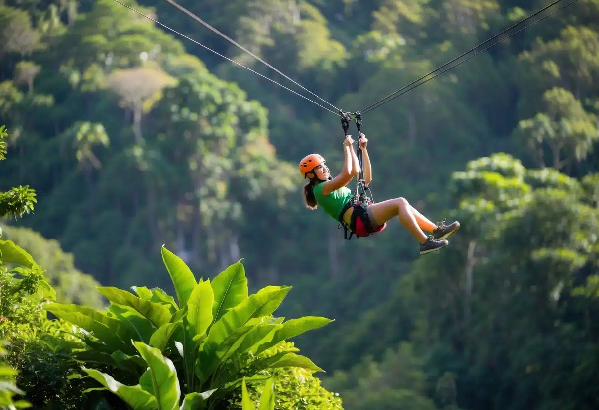 A person ziplining through lush jungle canopy in La Fortuna, Costa Rica