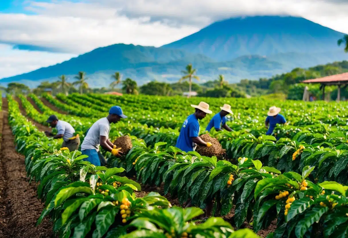 A lush coffee farm in La Fortuna, Costa Rica, with rows of coffee plants, a mountain backdrop, and workers harvesting beans