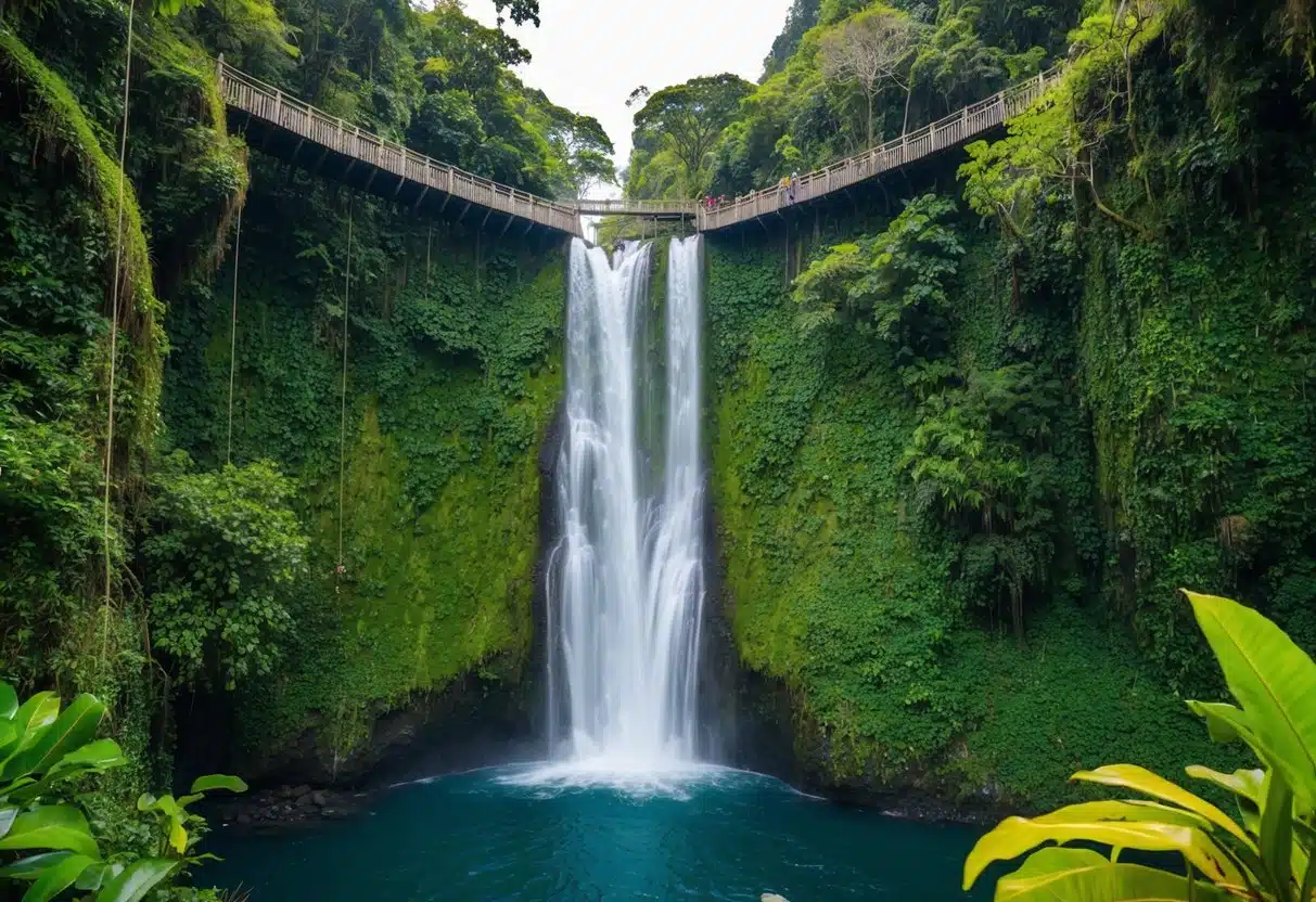 Lush rainforest with towering waterfalls, hanging bridges, and exotic wildlife in Mistico Park, La Fortuna, Costa Rica