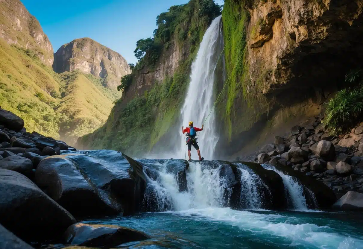 A figure rappelling down a lush waterfall in La Fortuna, Costa Rica, surrounded by towering canyon walls and rushing water