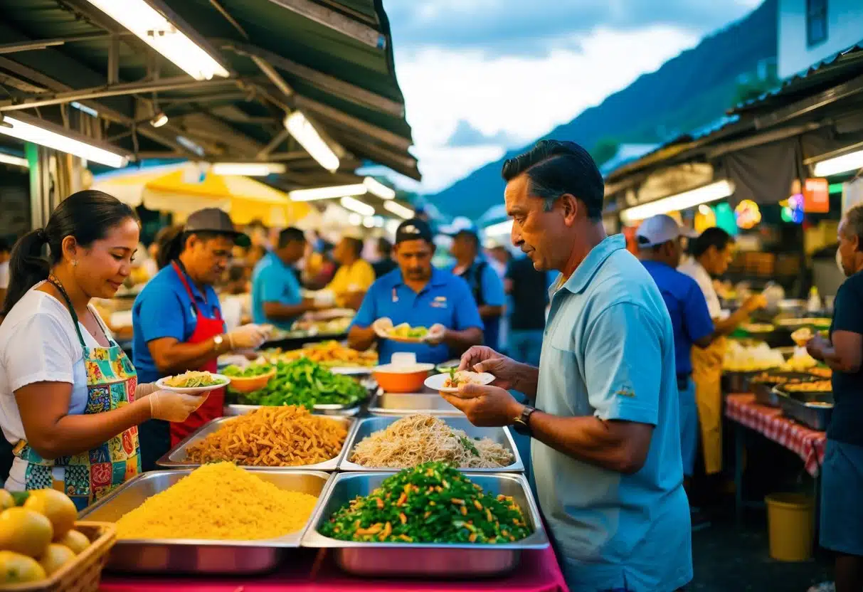 A bustling street market with colorful food stalls and locals sampling traditional dishes in La Fortuna, Costa Rica