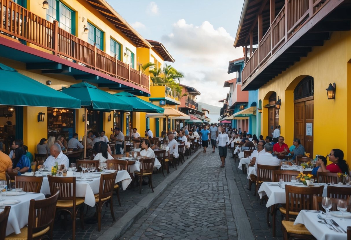 A bustling street in La Fortuna, Costa Rica, lined with colorful restaurants and lively outdoor seating. The aroma of traditional Costa Rican cuisine fills the air