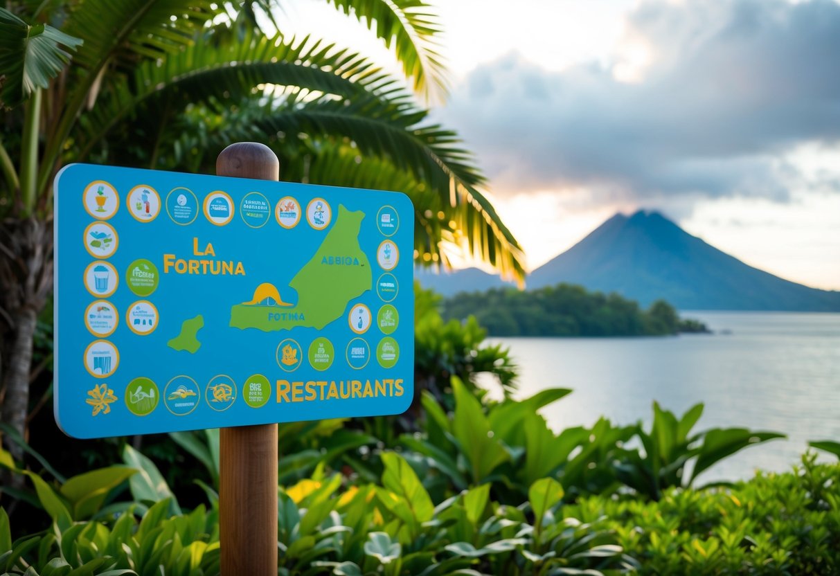 A colorful map with icons of various restaurants in La Fortuna, Costa Rica, surrounded by lush tropical vegetation and the Arenal Volcano in the background