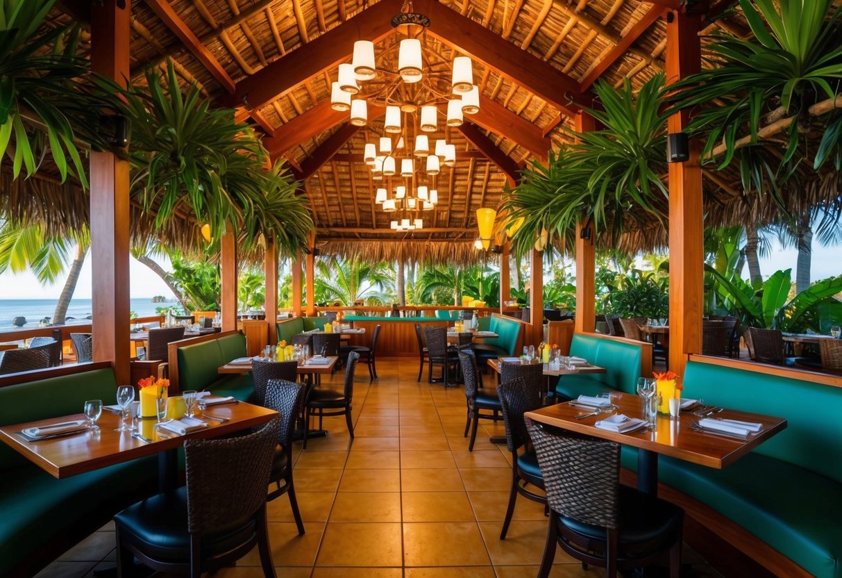 A lively restaurant in La Fortuna, Costa Rica, with vibrant decor and lush tropical surroundings